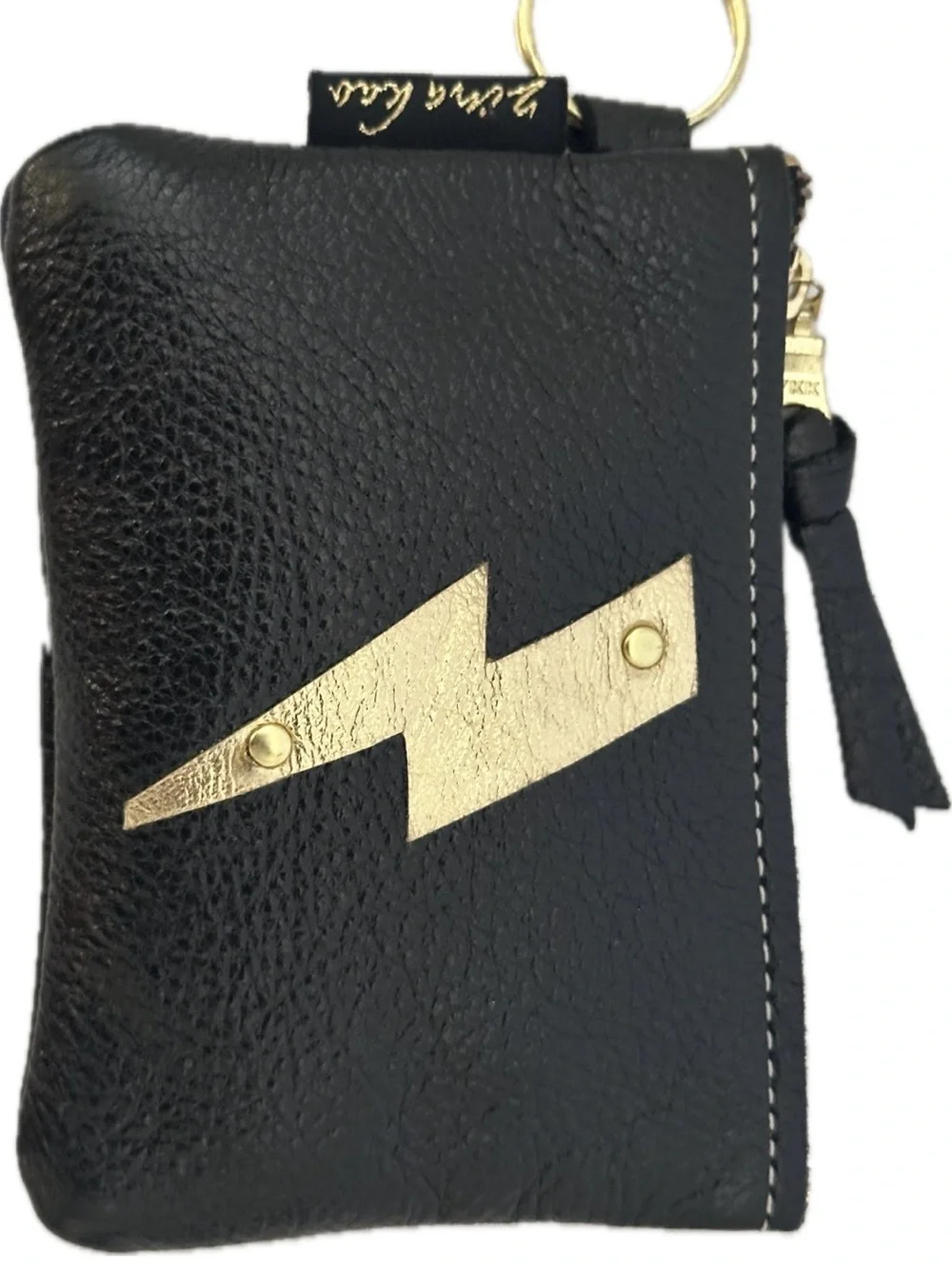 Zina Kao Gold Lightning Bolt Black Leather Coin Pouch Keyring